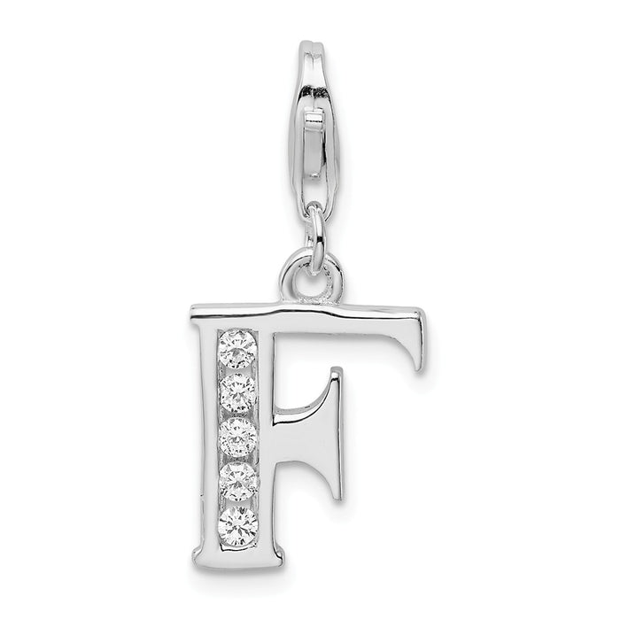 Million Charms 925 Sterling Silver Rhodium-Plated (Cubic Zirconia) CZ Letter F With Lobster Clasp Charm
