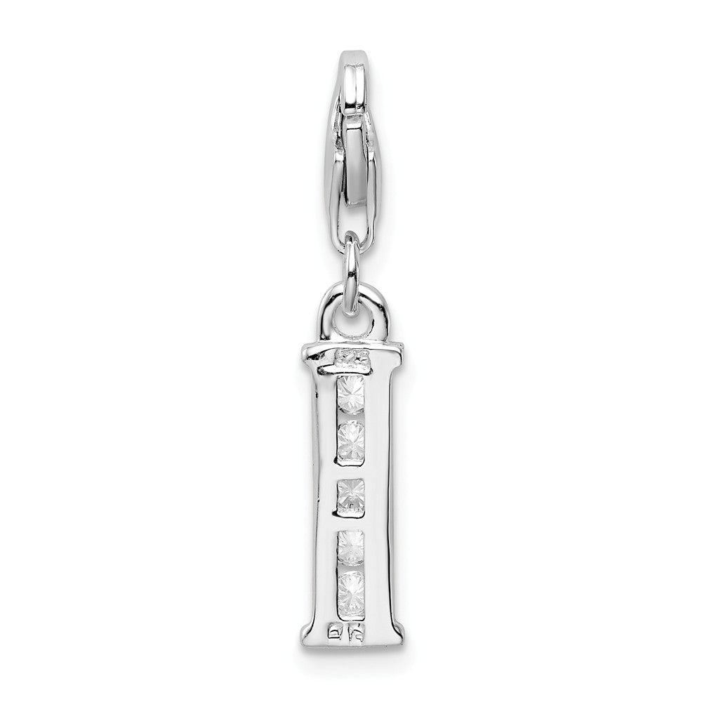 Million Charms 925 Sterling Silver Rhodium-Plated (Cubic Zirconia) CZ Letter I With Lobster Clasp Charm