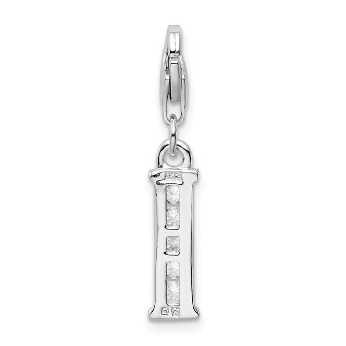 Million Charms 925 Sterling Silver Rhodium-Plated (Cubic Zirconia) CZ Letter I With Lobster Clasp Charm