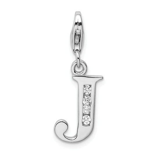 Million Charms 925 Sterling Silver Rhodium-Plated (Cubic Zirconia) CZ Letter J With Lobster Clasp Charm