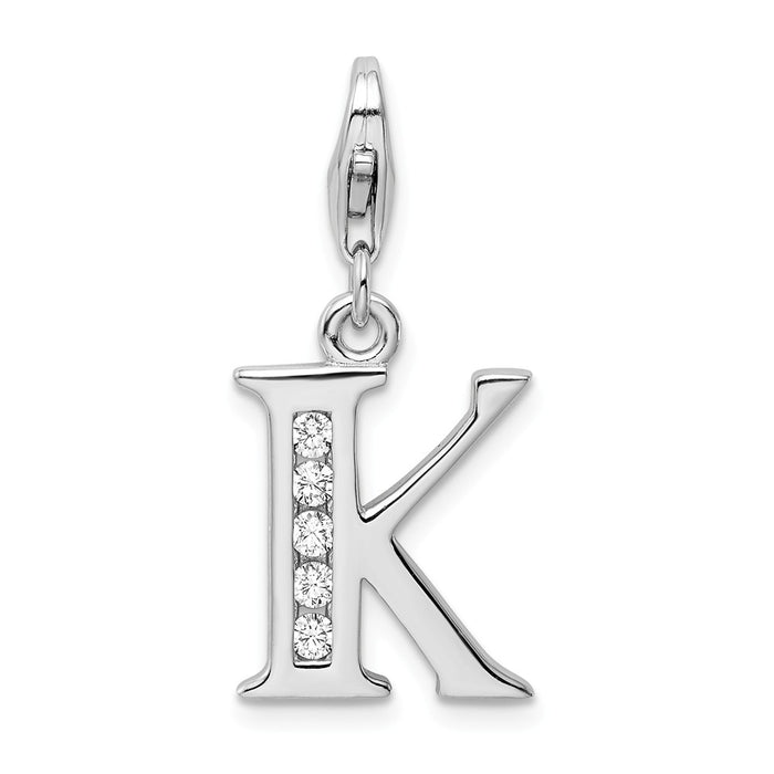 Million Charms 925 Sterling Silver Rhodium-Plated (Cubic Zirconia) CZ Letter K With Lobster Clasp Charm