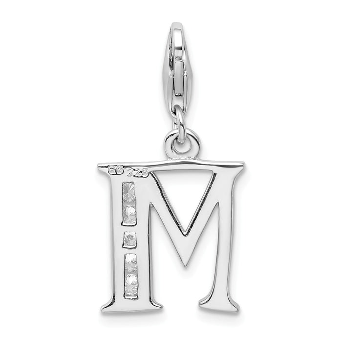 Million Charms 925 Sterling Silver Rhodium-Plated (Cubic Zirconia) CZ Letter M With Lobster Clasp Charm