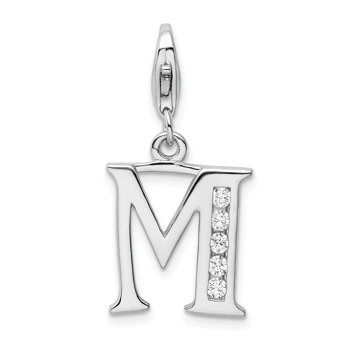 Million Charms 925 Sterling Silver Rhodium-Plated (Cubic Zirconia) CZ Letter M With Lobster Clasp Charm