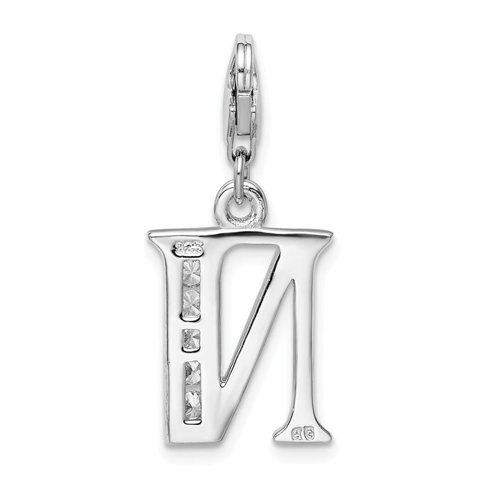 Million Charms 925 Sterling Silver Rhodium-Plated (Cubic Zirconia) CZ Letter N With Lobster Clasp Charm