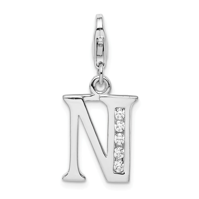 Million Charms 925 Sterling Silver Rhodium-Plated (Cubic Zirconia) CZ Letter N With Lobster Clasp Charm