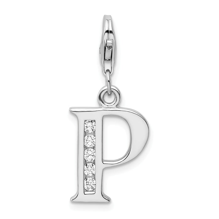 Million Charms 925 Sterling Silver Rhodium-Plated (Cubic Zirconia) CZ Letter P With Lobster Clasp Charm