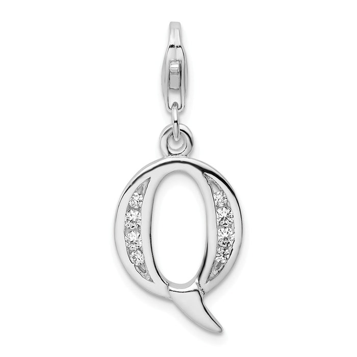 Million Charms 925 Sterling Silver Rhodium-Plated (Cubic Zirconia) CZ Letter Q With Lobster Clasp Charm