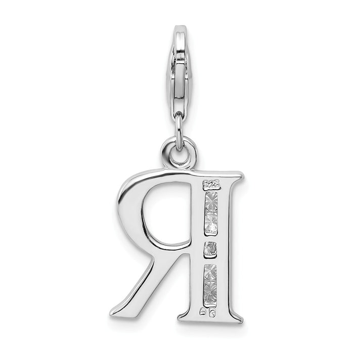 Million Charms 925 Sterling Silver Rhodium-Plated (Cubic Zirconia) CZ Letter R With Lobster Clasp Charm