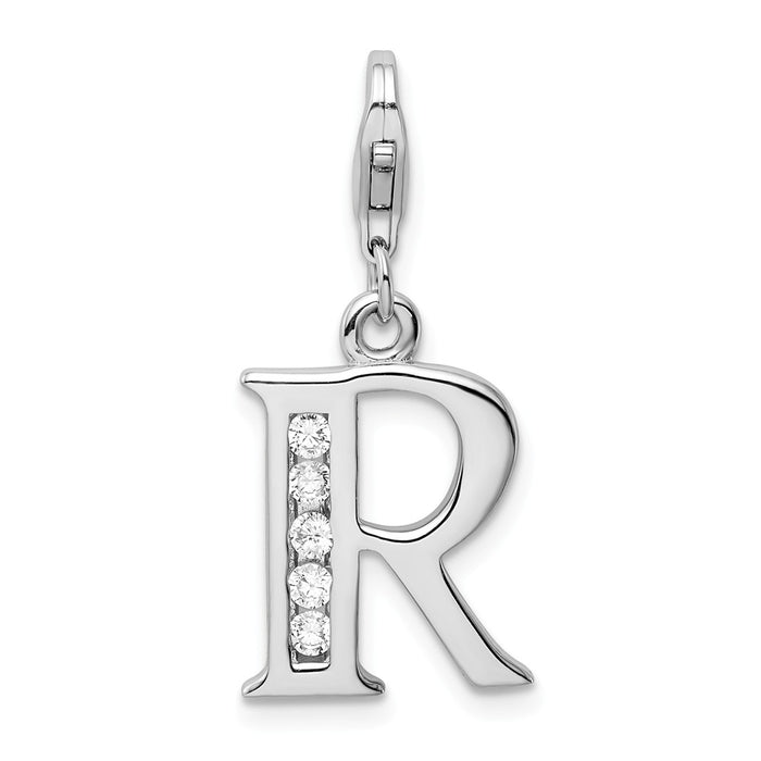 Million Charms 925 Sterling Silver Rhodium-Plated (Cubic Zirconia) CZ Letter R With Lobster Clasp Charm