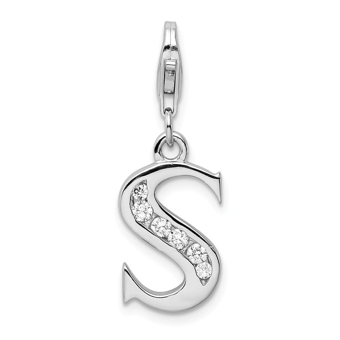 Million Charms 925 Sterling Silver Rhodium-Plated (Cubic Zirconia) CZ Letter S With Lobster Clasp Charm