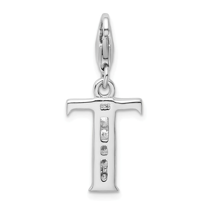 Million Charms 925 Sterling Silver Rhodium-Plated (Cubic Zirconia) CZ Letter T With Lobster Clasp Charm