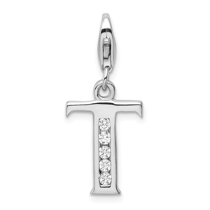 Million Charms 925 Sterling Silver Rhodium-Plated (Cubic Zirconia) CZ Letter T With Lobster Clasp Charm