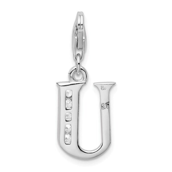 Million Charms 925 Sterling Silver Rhodium-Plated (Cubic Zirconia) CZ Letter U With Lobster Clasp Charm