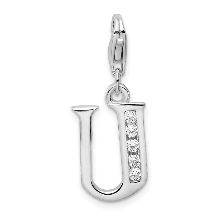 Million Charms 925 Sterling Silver Rhodium-Plated (Cubic Zirconia) CZ Letter U With Lobster Clasp Charm