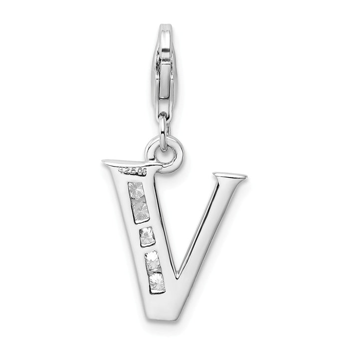 Million Charms 925 Sterling Silver Rhodium-Plated (Cubic Zirconia) CZ Letter V With Lobster Clasp Charm