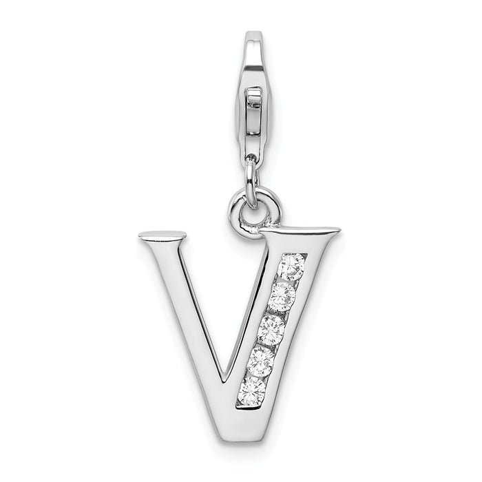 Million Charms 925 Sterling Silver Rhodium-Plated (Cubic Zirconia) CZ Letter V With Lobster Clasp Charm