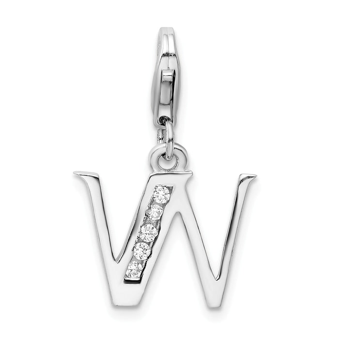 Million Charms 925 Sterling Silver Rhodium-Plated (Cubic Zirconia) CZ Letter W With Lobster Clasp Charm