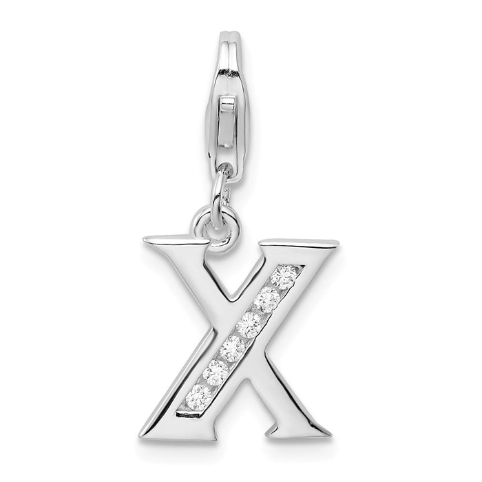 Million Charms 925 Sterling Silver Rhodium-Plated (Cubic Zirconia) CZ Letter X With Lobster Clasp Charm