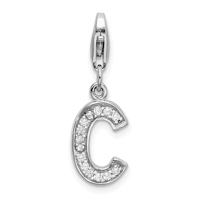 Million Charms 925 Sterling Silver Rhodium-Plated (Cubic Zirconia) CZ Letter C With Lobster Clasp Charm