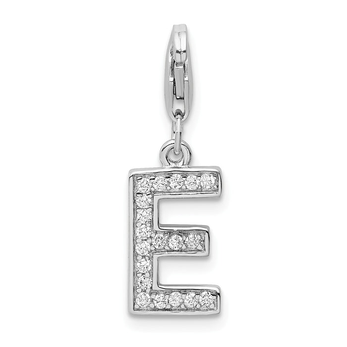 Million Charms 925 Sterling Silver Rhodium-Plated (Cubic Zirconia) CZ Letter E With Lobster Clasp Charm