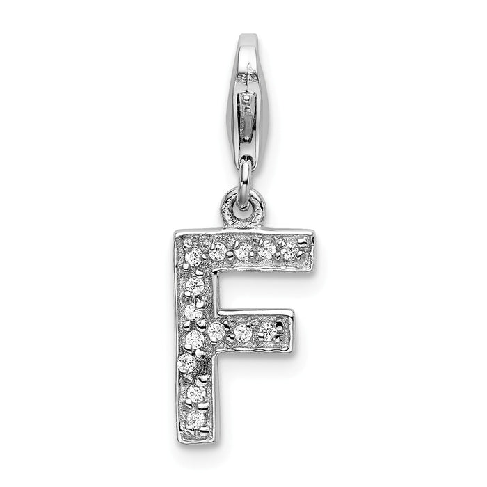 Million Charms 925 Sterling Silver Rhodium-Plated (Cubic Zirconia) CZ Letter F With Lobster Clasp Charm