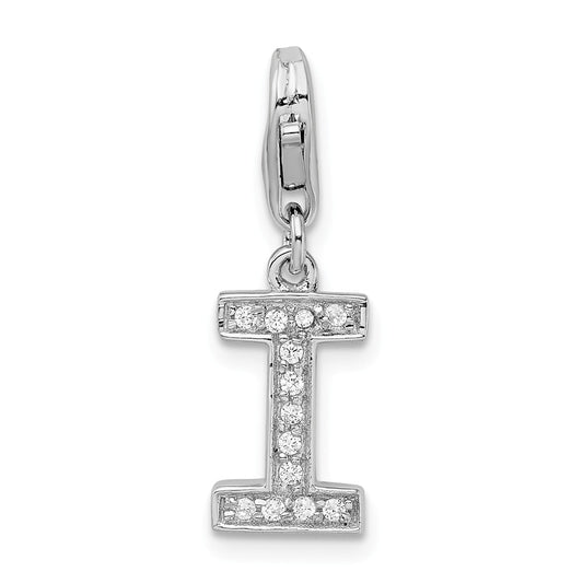Million Charms 925 Sterling Silver Rhodium-Plated (Cubic Zirconia) CZ Letter I With Lobster Clasp Charm