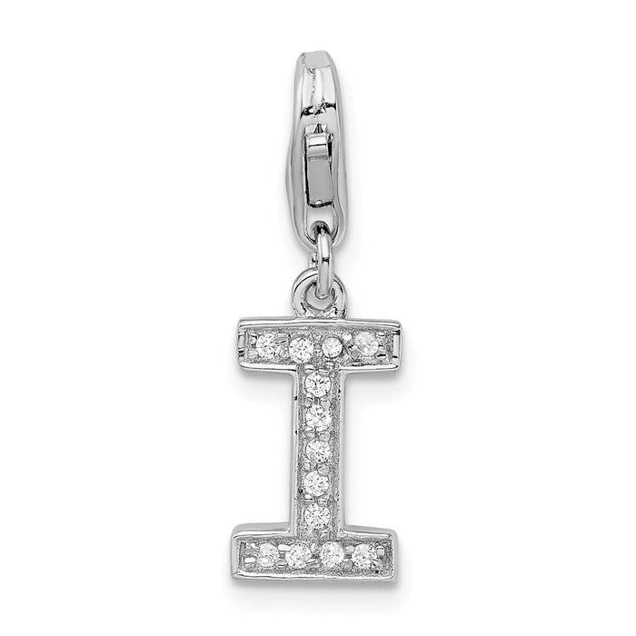 Million Charms 925 Sterling Silver Rhodium-Plated (Cubic Zirconia) CZ Letter I With Lobster Clasp Charm