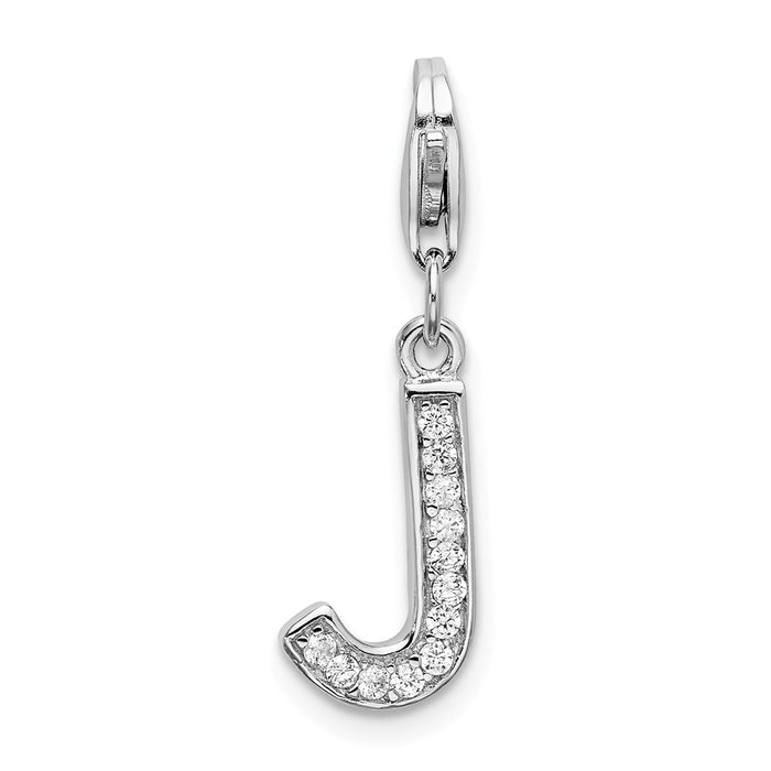 Million Charms 925 Sterling Silver Rhodium-Plated (Cubic Zirconia) CZ Letter J With Lobster Clasp Charm