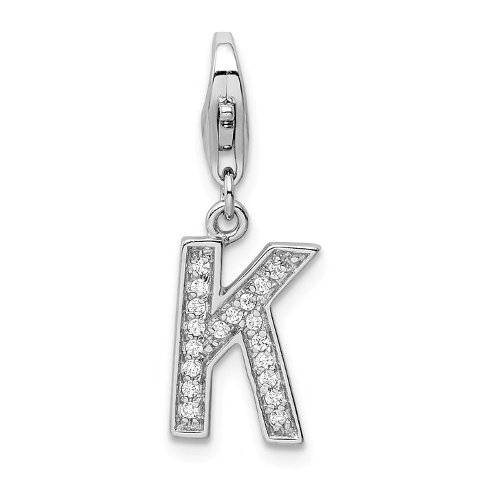 Million Charms 925 Sterling Silver Rhodium-Plated (Cubic Zirconia) CZ Letter K With Lobster Clasp Charm