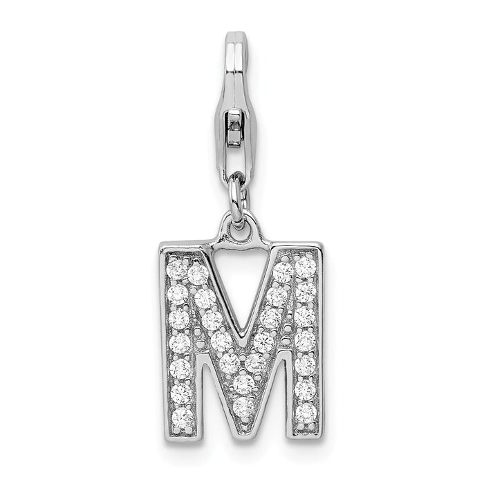 Million Charms 925 Sterling Silver Rhodium-Plated (Cubic Zirconia) CZ Letter M With Lobster Clasp Charm