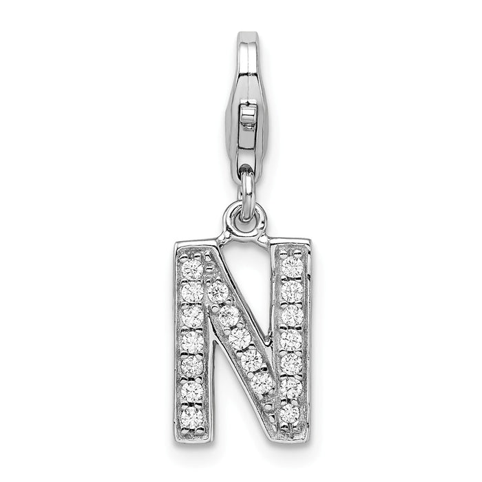 Million Charms 925 Sterling Silver Rhodium-Plated (Cubic Zirconia) CZ Letter N With Lobster Clasp Charm