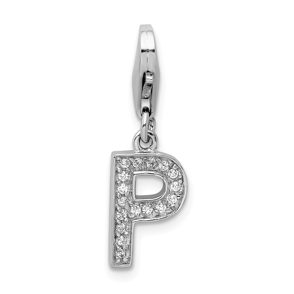 Million Charms 925 Sterling Silver Rhodium-Plated (Cubic Zirconia) CZ Letter P With Lobster Clasp Charm