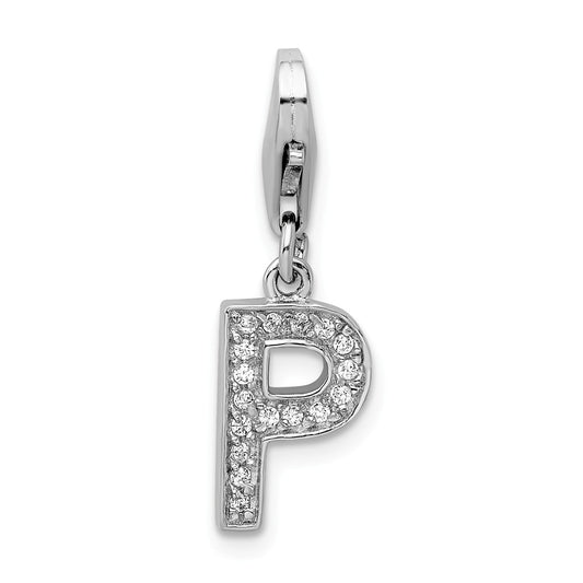 Million Charms 925 Sterling Silver Rhodium-Plated (Cubic Zirconia) CZ Letter P With Lobster Clasp Charm