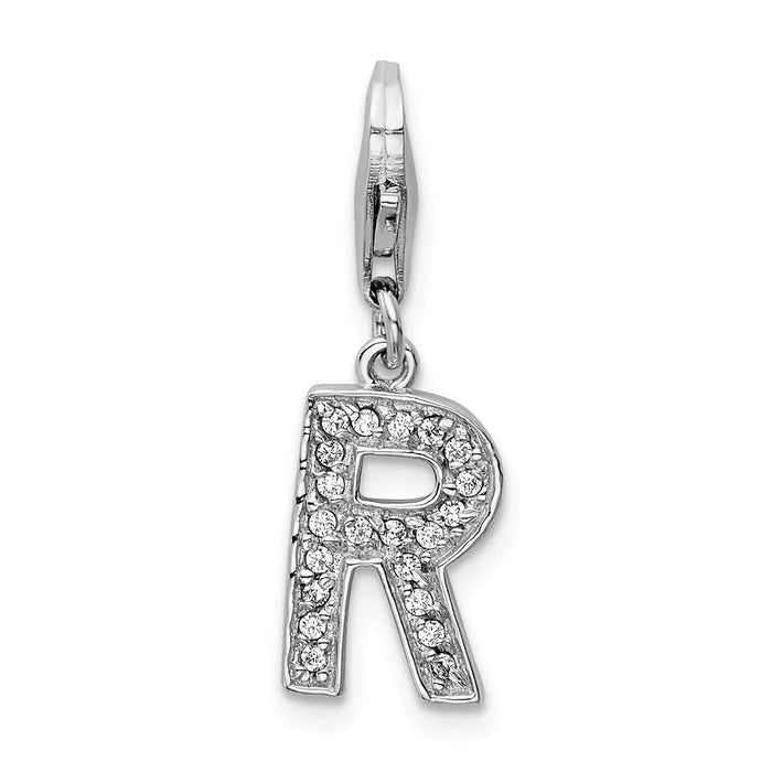 Million Charms 925 Sterling Silver Rhodium-Plated (Cubic Zirconia) CZ Letter R With Lobster Clasp Charm