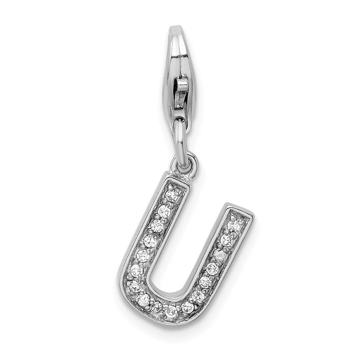 Million Charms 925 Sterling Silver Rhodium-Plated (Cubic Zirconia) CZ Letter U With Lobster Clasp Charm