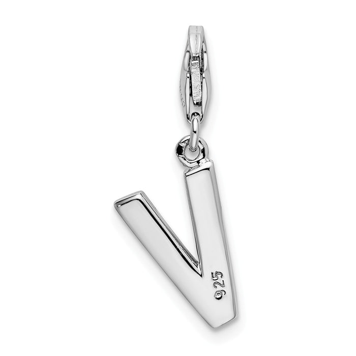 Million Charms 925 Sterling Silver Rhodium-Plated (Cubic Zirconia) CZ Letter V With Lobster Clasp Charm