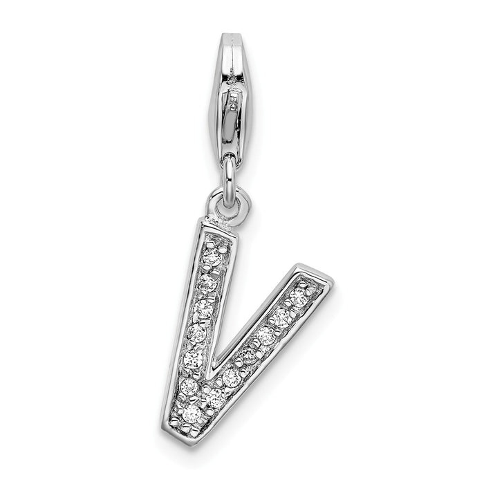 Million Charms 925 Sterling Silver Rhodium-Plated (Cubic Zirconia) CZ Letter V With Lobster Clasp Charm