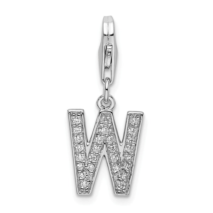 Million Charms 925 Sterling Silver Rhodium-Plated (Cubic Zirconia) CZ Letter W With Lobster Clasp Charm