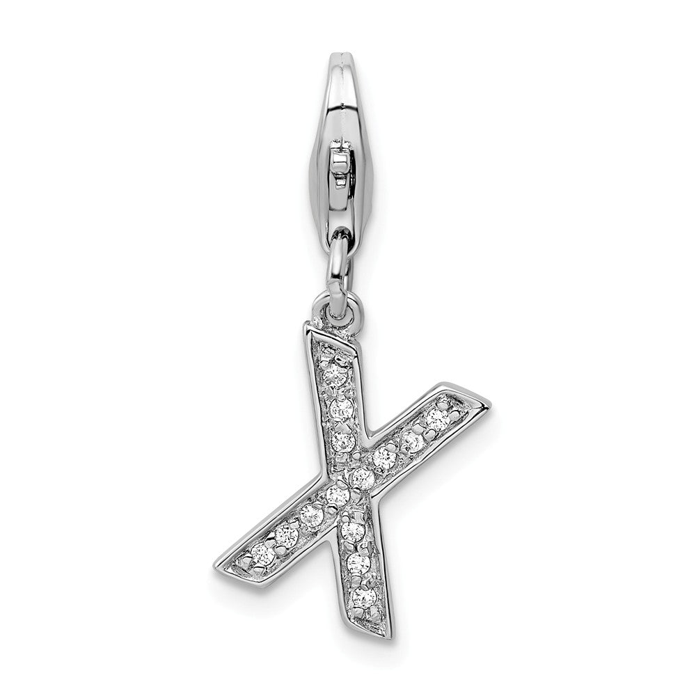 Million Charms 925 Sterling Silver Rhodium-Plated (Cubic Zirconia) CZ Letter X With Lobster Clasp Charm