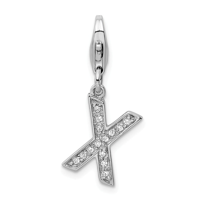 Million Charms 925 Sterling Silver Rhodium-Plated (Cubic Zirconia) CZ Letter X With Lobster Clasp Charm