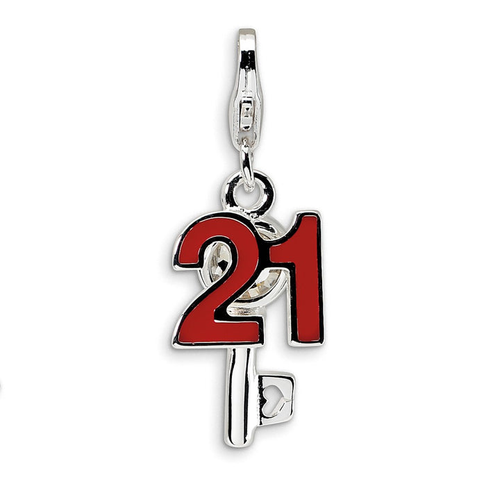 Million Charms 925 Sterling Silver Rhodium-Plated 3-D Enameled 21, Key With Lobster Clasp Charm