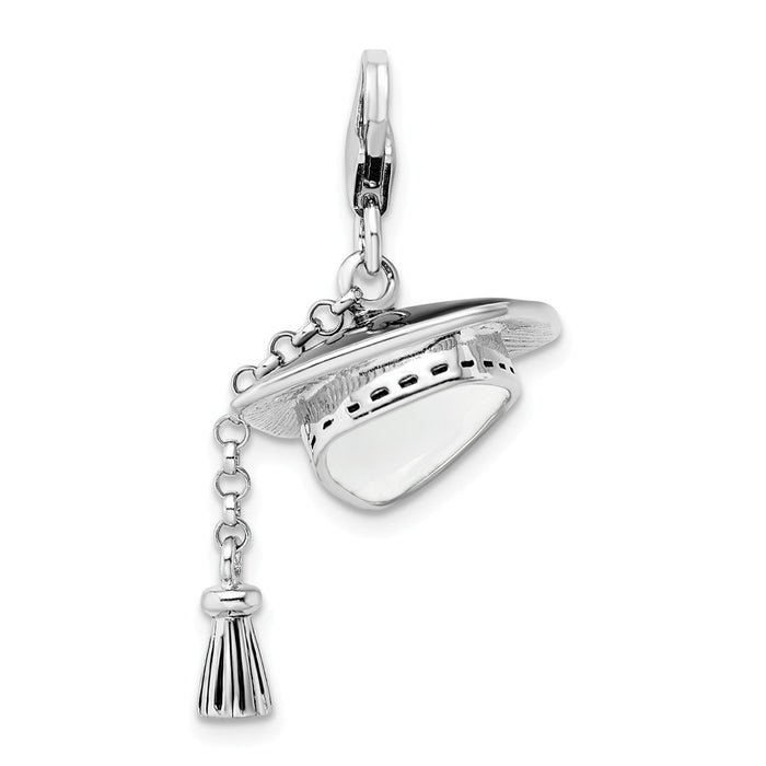 Million Charms 925 Sterling Silver Rhodium-Plated 3-D Graduation Cap With Lobster Clasp Charm
