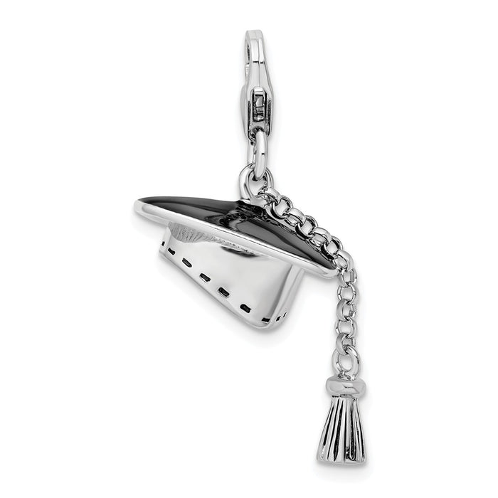 Million Charms 925 Sterling Silver Rhodium-Plated 3-D Graduation Cap With Lobster Clasp Charm