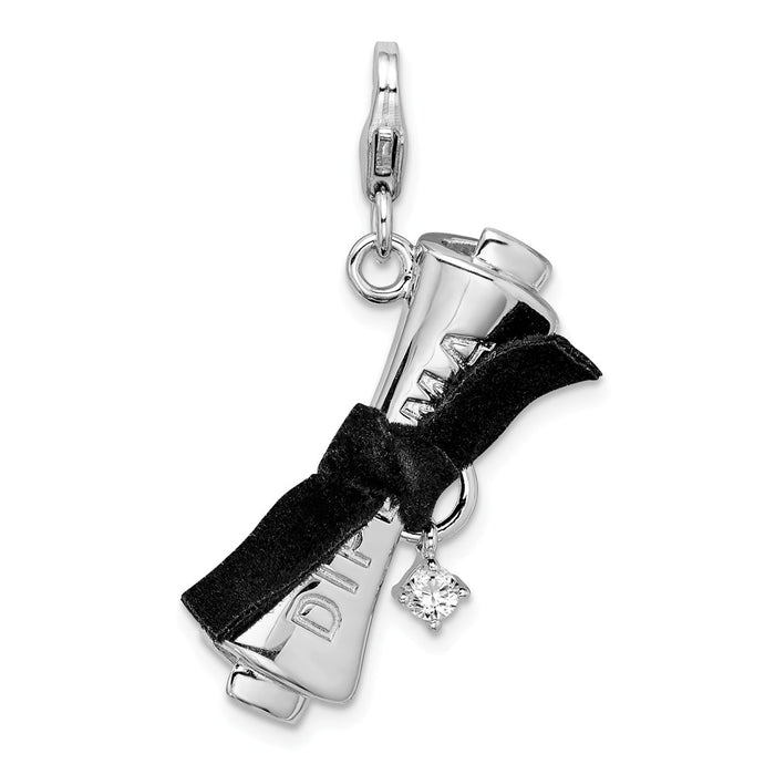 Million Charms 925 Sterling Silver Rhodium-Plated 3-D (Cubic Zirconia) CZ Ribboned Diploma With Lobster Clasp Charm