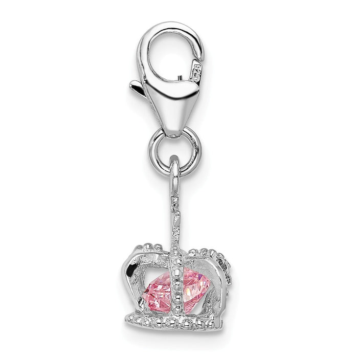 Million Charms 925 Sterling Silver Rhodium-Plated 3-D (Cubic Zirconia) CZ Crown With Lobster Clasp Charm