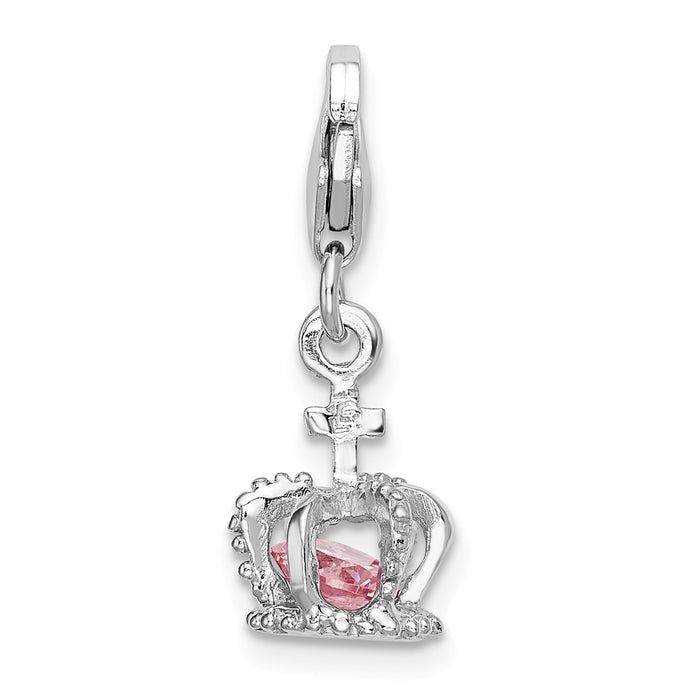 Million Charms 925 Sterling Silver Rhodium-Plated 3-D (Cubic Zirconia) CZ Crown With Lobster Clasp Charm