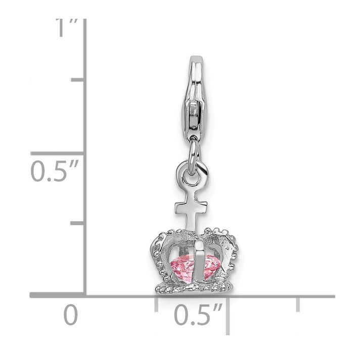 Million Charms 925 Sterling Silver Rhodium-Plated 3-D (Cubic Zirconia) CZ Crown With Lobster Clasp Charm