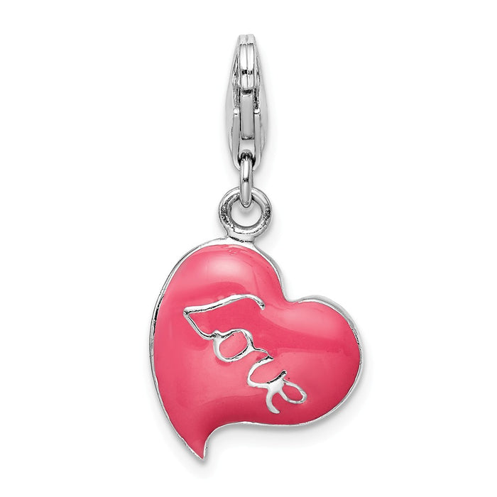 Million Charms 925 Sterling Silver With Rhodium-Plated 3-D Pink Enameled Heart With Lobster Clasp Charm