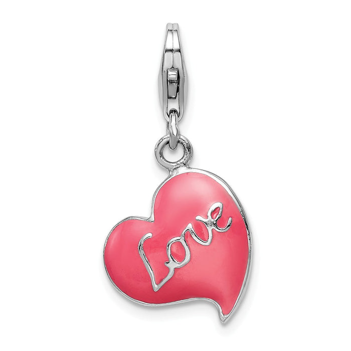 Million Charms 925 Sterling Silver With Rhodium-Plated 3-D Pink Enameled Heart With Lobster Clasp Charm