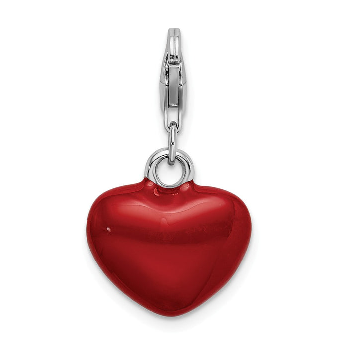 Million Charms 925 Sterling Silver Rhodium-Plated 3-D Red Enameled Heart With Lobster Clasp Charm